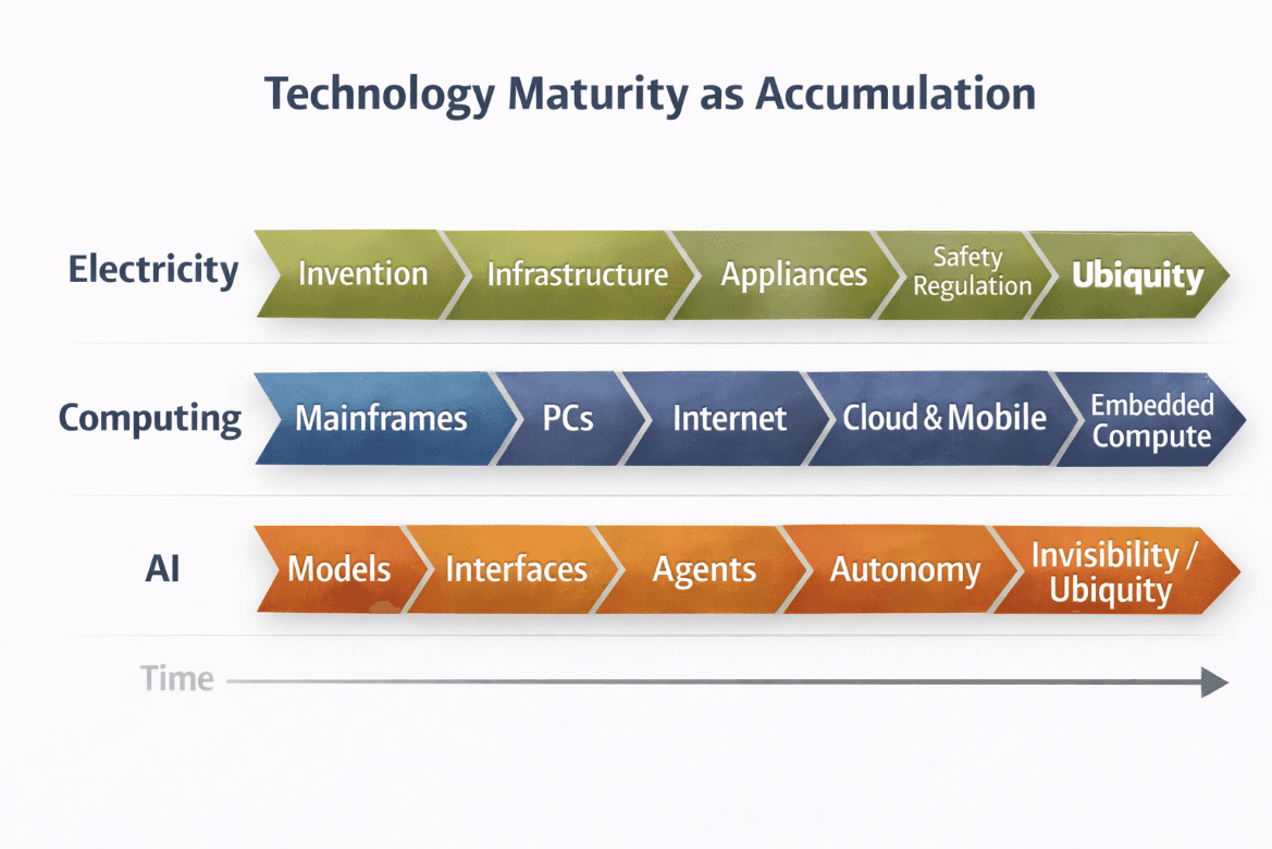 Figure 2. AI evolves in layers rather than on a single curve. Foundation models, conversational interfaces, agentic systems, multi-agent coordination and autonomous intelligence each mature on their own trajectory.